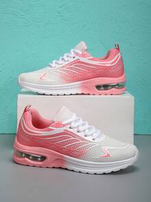 Colorful Gradient Knitted Lace-Up Cushioned Sports Sneakers, Comfortable Breathable Shock Absorbing Outdoor Running Shoes For Outdoor Sports, Jogging, Fitness, Walking. Christmas, New Year, Valentine's Day Holiday Gift - Pink - View 2