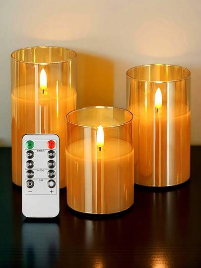 3 件装亚克力无焰柱状蜡烛带遥控器，电池供电闪烁 LED 蜡烛柱，适用于节日、婚礼、派对、家居装饰