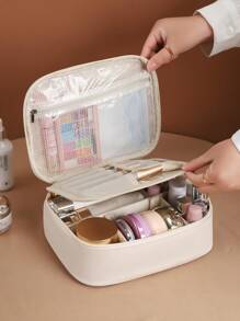 Large Capacity Spacious Double Layer Cosmetic Bag, PU Leather Waterproof Cosmetic Bag, Cosmetic Storage Bag, Lightweight Toiletries Cosmetic Bag, Large Capacity Toiletries Bag With Dividers, Cosmetic Travel Bag, Multifunctional Travel Storage Bag