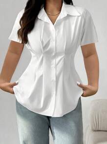 Plus Size Elegant Solid Color Short Sleeve Button Down Shirt - Casual Weekend Top, Collared, Non-Stretch Fabric, Suitable For All Seasons, Casual Outfit | Elegant Shirt | Fashionable Button Shirt