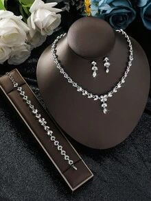 4pcs/Set Bridal Earrings, Leaf & Teardrop Necklace Jewelry Set For Wedding Dress, Party - Multicolor - View 5