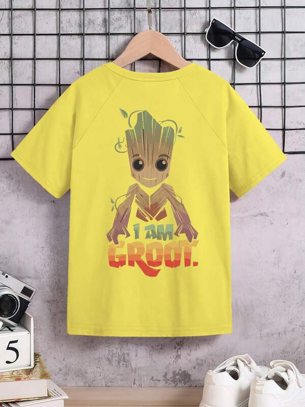 Marvel Cartoon schattige Groot, letterslogans, film en televisie, stripfigurenpatronen op de rug gedrukt, lente en zomer jongens/meisjes dezelfde stijl puur katoenen T-shirt geribbeld college stijl sport draperen modieuze zachte ademende kinderkleding top met korte mouwen
