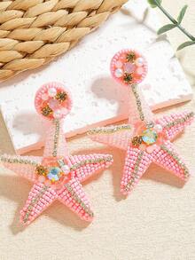 1 Pair Handmade Bohemian Sea Themed Colorful Starfish Beaded Earrings, Fashion Faux Pearl & Rhinestone Drop Earrings For Women, Suitable For Daily Wear, Vacation, Party - Beige - View 3