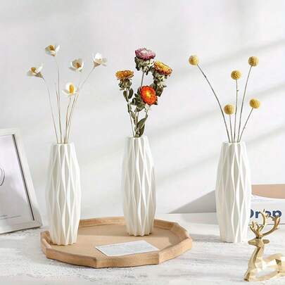 Minimalist Ceramic-Look Plastic Vase With Silver Willow, Suitable For Flower Decoration, Desktop, Living Room