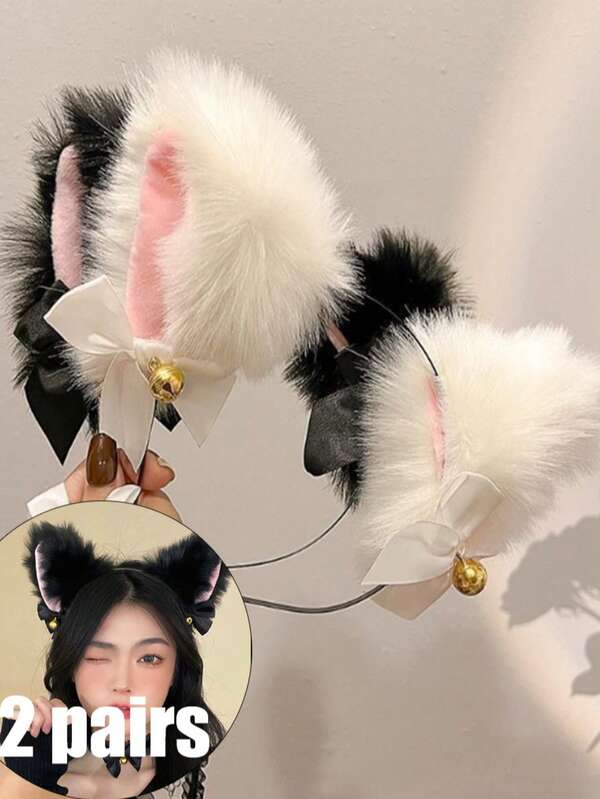 1/2 Pcs New Cute Cat Ear Bells Hair Clips Headband, Kitty/Bunny Design For Women, Halloween, Christmas, Party Hair Accessories
