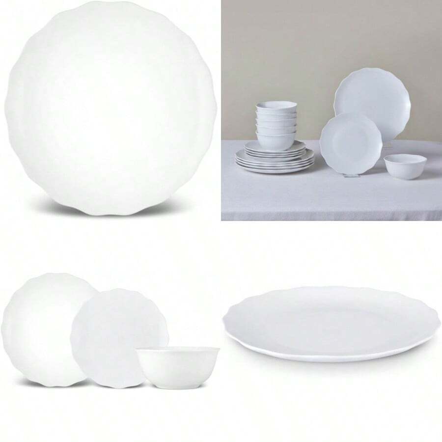 Customizable Scalloped 18Piece Porcelain Dinner Set For 6 Including Dinner Plates Side Plates Soup Bowls White Color Suitable For Dishwasher And Microwave Use - Scalloped6Person - View 1