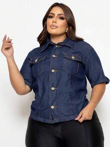 Plus Size Short Sleeve Denim Shirt With Pockets And Buttons - Màu xanh lam - Xem 6
