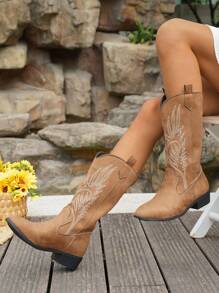 Women Vintage American Embroidered Faux Suede High Boots, Maillard Brown High Chunky Heel Riding Boots, Fashionable Punk Style Chelsea Boots