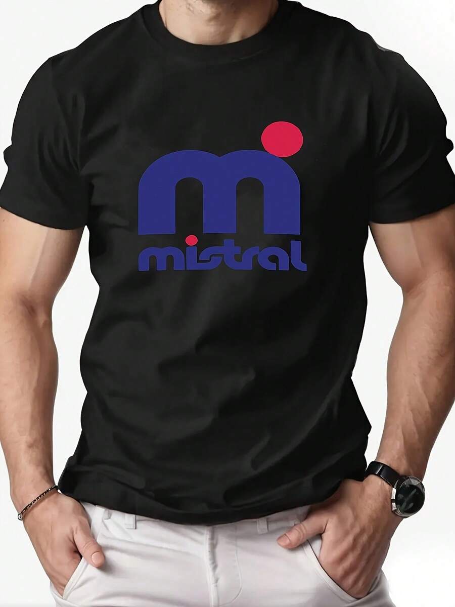 Camiseta de algodón de punto casual para hombres con patrón MISTRAL. Cuello redondo. Ajuste Regular. Perfecto para el verano - Negro - Ver 1
