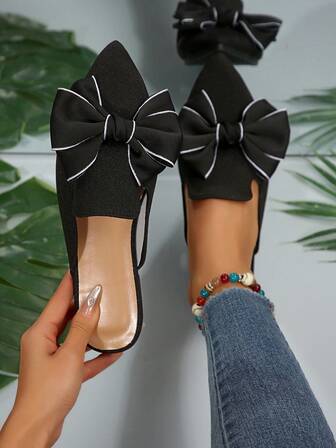 2025秋季黑色半趾穆勒鞋，女士尖头一脚蹬乐福鞋，蝴蝶结装饰，优雅百搭的露背平底鞋，适合所有季节