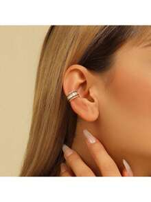 1pc Simple Fashionable Crystal Ear Cuff, Copper Plated Gold Two Layer Earring Clip-On Without Piercing, Exclusive Design With Elegant Vibe - Yellow Gold - View 2