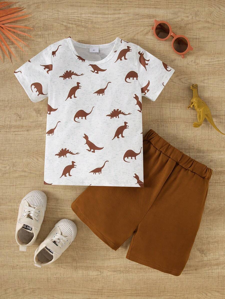 2pcs/Set Toddler Boys Dinosaur Allover Print Short Sleeve T-Shirt And Solid Shorts Set, Summer - Brown - View 1