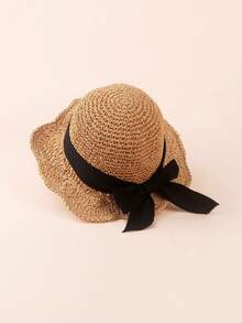 1pc Unisex Kids/Toddler/Baby Knitted Hollow Breathable Wide Brim Sun Hat, Girls Summer Straw Cap, Handcrafted Paper Straw Hat For Daily Wear - 1PC - 查看 6