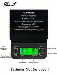 shoxil 1 件带计时器的咖啡秤，LCD 背光显示屏，高精度厨房食品秤，带去皮功能，最大负载 6.6LB/3KG，0.1g 精度传感器（不含电池） - 電子秤 - 查看 2