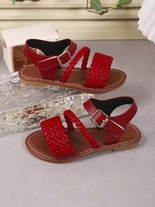 夏季儿童编织带凉鞋，休闲时尚，男童女童平底沙滩鞋，适合日常、度假、旅行 - 紅色 - 查看 4