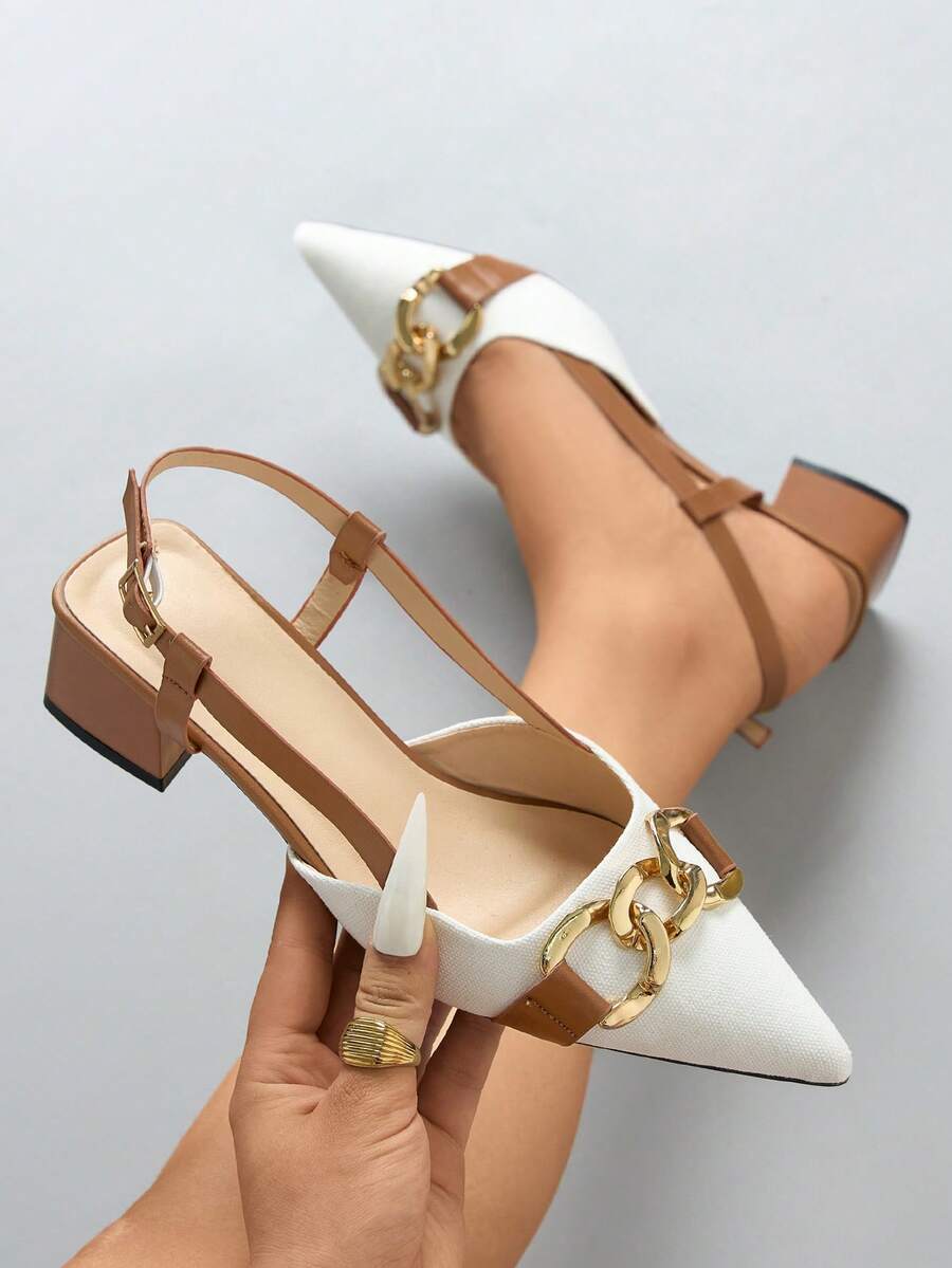 Women's Pointed Toe Chunky Heel Suede Pumps With Back Strap, Breathable Closed Toe High Heel Slingbacks For Summer - White - View 1