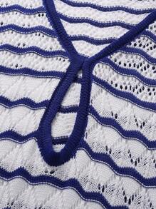 Women Fashion Long Sleeve Striped Contrast Color Knit Coverup Beach Dress, Vacation Style