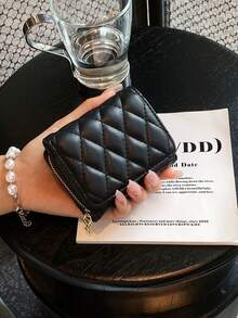 Elegant Minimalist Style Quilted PU Leather Multi-Card Wallet, Large Capacity Trifold Short Ladies Wallet, Suitable For Women's Daily Commutes, Shopping, Outings, Gatherings, Gifts For Girlfriends, Events, Birthdays, Office Workers & Travel - Black - View 1