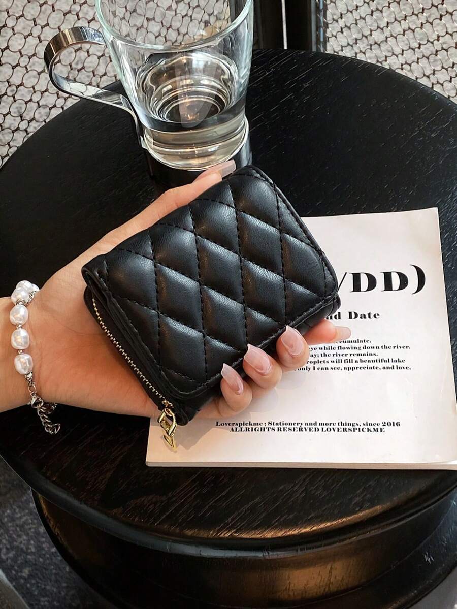 Elegant Minimalist Style Quilted PU Leather Multi-Card Wallet, Large Capacity Trifold Short Ladies Wallet, Suitable For Women's Daily Commutes, Shopping, Outings, Gatherings, Gifts For Girlfriends, Events, Birthdays, Office Workers & Travel - Black - View 1