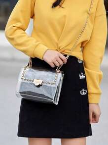 Bolso de cadena transparente, nuevo bolso de gelatina transparente para mujer, bolso cuadrado de hombro versátil con cadena tejida, adecuado para salir, ir al trabajo, regalar y uso diario, verano