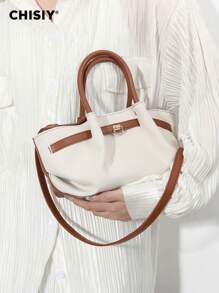CHISIY Handmade Fashion White With Brown Minimalist Style Tote Bag, Suitable For Business, Casual, Shopping And School, Strap Decor, Metal Accessories, Shoulder Strap, Crossbody, Perfect For Daily, Party And Travel, Lightweight, Vintage Charm, Elegant Personalized, Versatile For Any Occasion, Showcasing Unique Fashion Taste