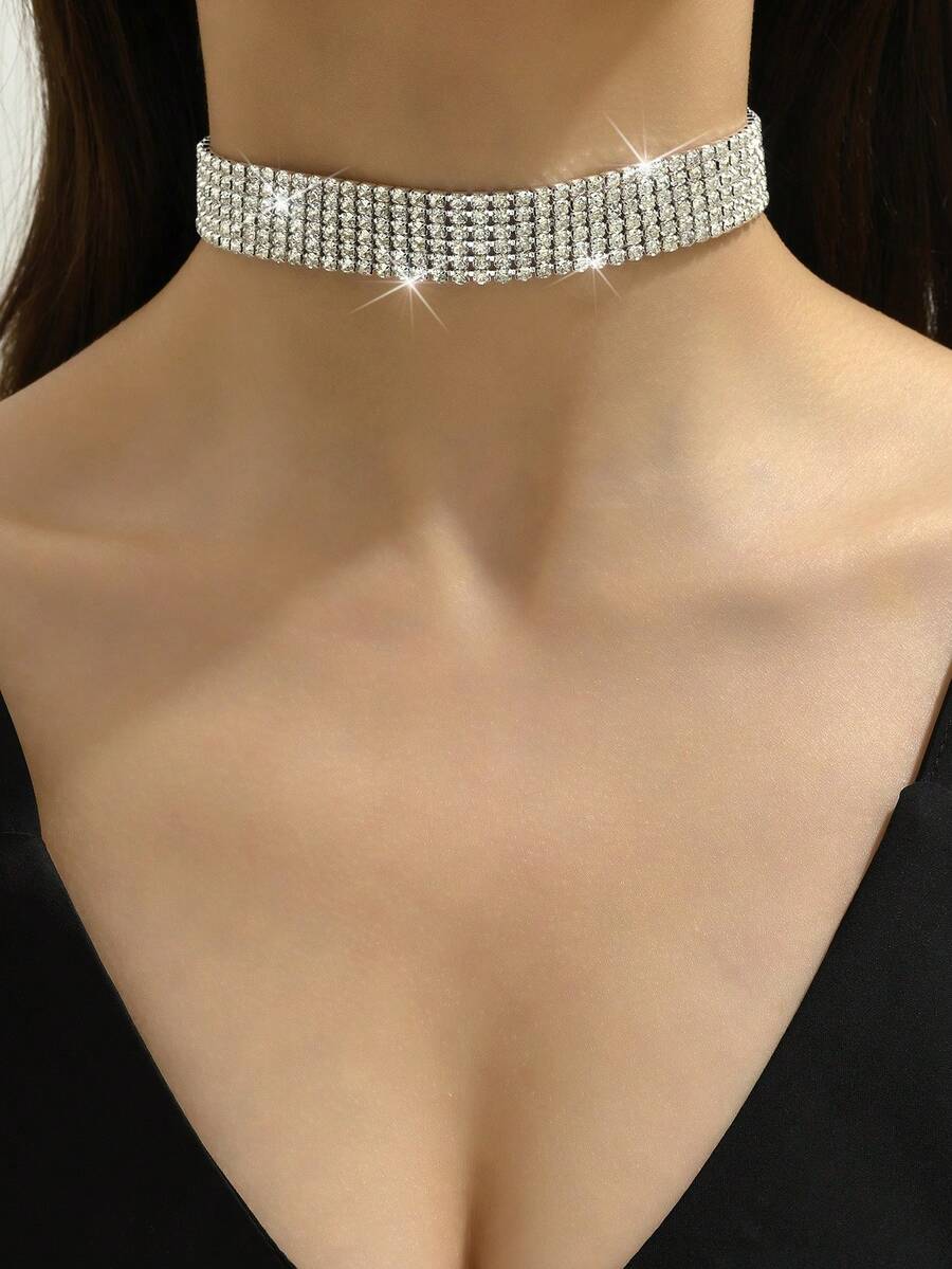 topshiny 1pc Shiny Rhinestone Multi-Layer Necklace, Personalized Electronic Music Element Party Short Necklace - Silver - View 1