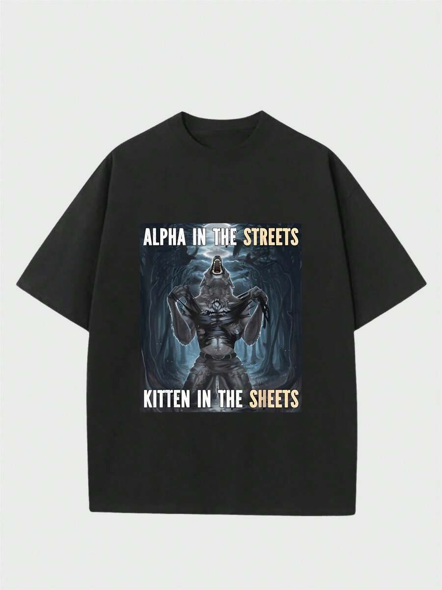 Para hombre,Camisa de T-Estilo de Lobo con "ALPHA IN THE STREETS KITTEN IN THE SHEETS",Camiseta casual de cuello redondo y manga corta con estampado,adecuada para uso diario en primavera y verano,unisex - Negro - Ver 1