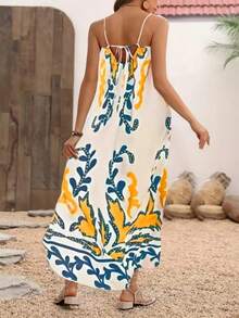 女士植物印花褶饰休闲细肩带中长连衣裙
