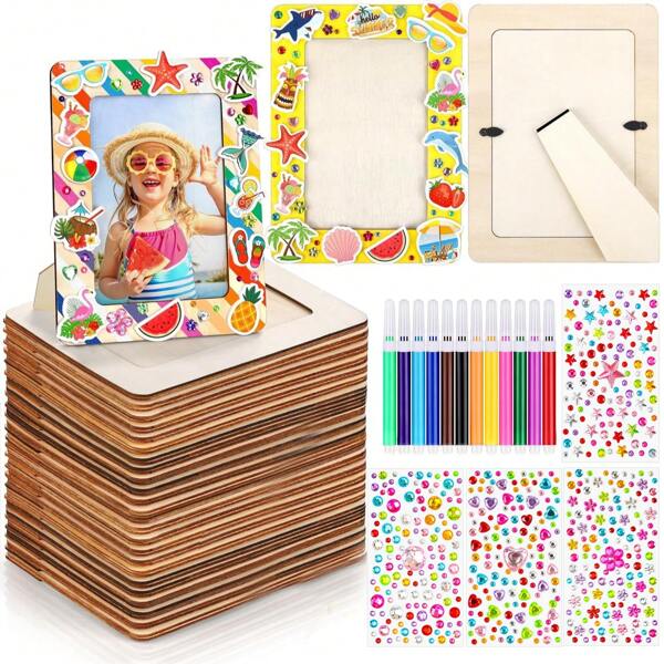 8/21/26pcs Set Children Painting Frame Craft Kit, Unfinished Wooden Frame Craft Set, DIY Painting Kit Includes Unfinished Wooden Frame, Colored Pens, Crystal Diamond Stickers, For Frame Decoration And Customized Art Projects, Vertical Desktop Display Frame, Unfinished Painting And Decorative Wooden Frame, Home Decor, Customized Art Projects, Custom Photo Display And Art Project Gift, Birthday, Graduation