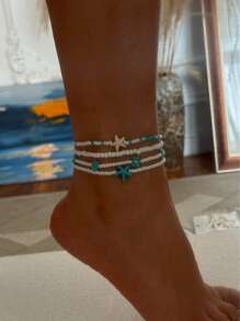 Handmade Blue Flower And Starfish Beaded Anklet For Women, Beach Resort Style Flower Ankle Chain