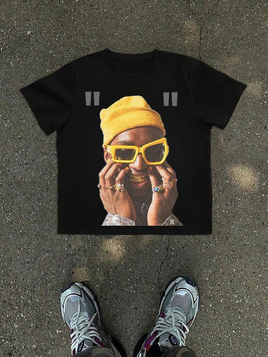 Men's Casual Round Neck Short Sleeve Sports T-Shirt 1Pcs 100% Cotton 220g Digital Print Express  Individuality With An Illustration Of A Person Wearing A Yellow Hat And Sunglasses