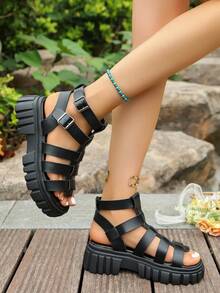 2025年女士新款时尚镂空编织凉鞋，夏季舒适休闲罗马风格凉鞋 - 黑色 - 查看 6