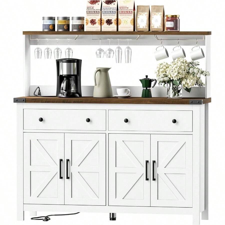 Farmhouse Coffee Bar Cabinet 60" Tall Bar Cabinet With Drawers And Power Outlet Sideboard Buffet Cabinet With Storage Barn Door For Kitchen Dining Room - asPic - View 1