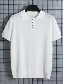 Men's Hollow Out Design Knitted Polo Shirt, Minimalist Style Suitable For Summer, Old Money Style - White - View 2