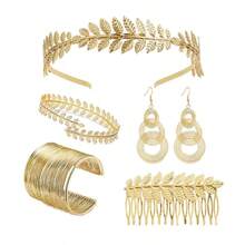 5pcs/Set Greek Goddess Style Clothing And Accessories Set, Including Leaf Shaped Crowns, Headbands, Bracelets, Earrings, Bridal Headpieces Halloween