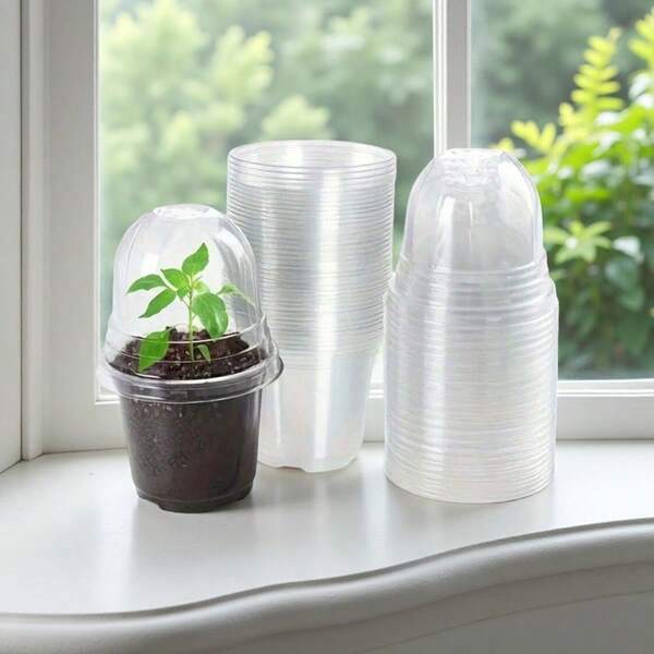 [40pcs/Set] 40pcs/Set Humidity Dome Propagation Trays, 4" Clear Plant Nursery Pots (40pcs Pots + 40pcs Clear Lids), Seed Starter Trays, Small Nursery Planter Containers With Drainage Holes