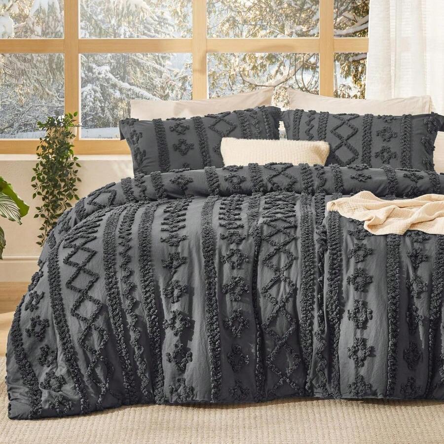 Luxurious Tufted Boho Comforter Set Queen Size - Premium Beige Bedding Ensemble With 3-Piece Shabby Chic Embroidery, Ideal Gifts For Women, Soft Jacquard Queen Comforter For All Seasons - 19 - 深灰色 - 優雅 - 查看 1