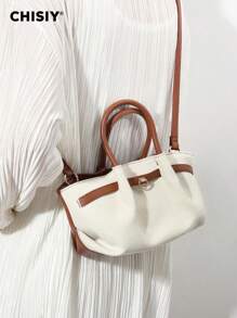 CHISIY Handmade Fashion White With Brown Minimalist Style Tote Bag, Suitable For Business, Casual, Shopping And School, Strap Decor, Metal Accessories, Shoulder Strap, Crossbody, Perfect For Daily, Party And Travel, Lightweight, Vintage Charm, Elegant Personalized, Versatile For Any Occasion, Showcasing Unique Fashion Taste