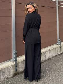 Jeta Ari 女士优雅休闲假日办公室通勤翻领腰带宽松夹克和高腰休闲裤，适合秋夏季 - 黑色 - 查看 4