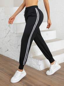 Women's High Elasticity Ice Silk Nylon Sports Pants - Solid Color, Suitable For All Seasons, Knit Fabric, Regular Style, Elastic Waistband With Drawstring, Suitable For Running And Casual Wear