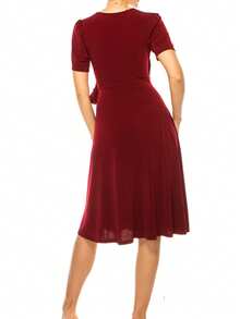 Chic Solid Faux Wrap Dress With Deep V-Neck For Elegant & Casual Wear  Plain  Elegant  Casual  Knitted Fabric  Wrap  Knot  Bow - 酒紅色 - 查看 3