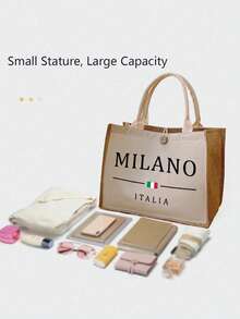 Printed With The Letters' Milano Italia ' Handbag With Makeup Bag, Women's Portable Zipper Wallet, Fashionable Travel Toilet Bag, Lunch Box Bag, Book Bag, Versatile Portable Tote Bag For Teacher, Teacher Appreciation Linen Bag - Multicolor - View 5