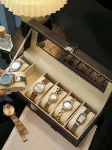 1pc Watch Box, 6 Grids Watch Storage Box, Jewelry Display Case, Watch Holder Gift Box For Men & Women Back To School