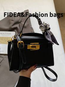 新款时尚女士手提包，纯色优雅鳄鱼纹别致手提包，配围巾，百搭单肩包，适合约会和购物 - 黑色 - 查看 7