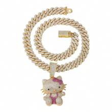 Sanrio 1 szt. Sanrio Hello Kitty Kuromi Cartoon Shiny Full Of Rhinestones Hip Hop Cool Trójwymiarowy Naszyjnik Wisiorek Hello Kitty Biżuteria, Prezent Słodki Kot Fashionista Kubański Naszyjnik Łańcuchowy