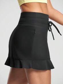 Womens 15" High Waisted Ruffle Swim Skirt With Liner & 3 Pockets Bathing Suit Bottoms Lightweight Quick Dry - 黑色 - 查看 2