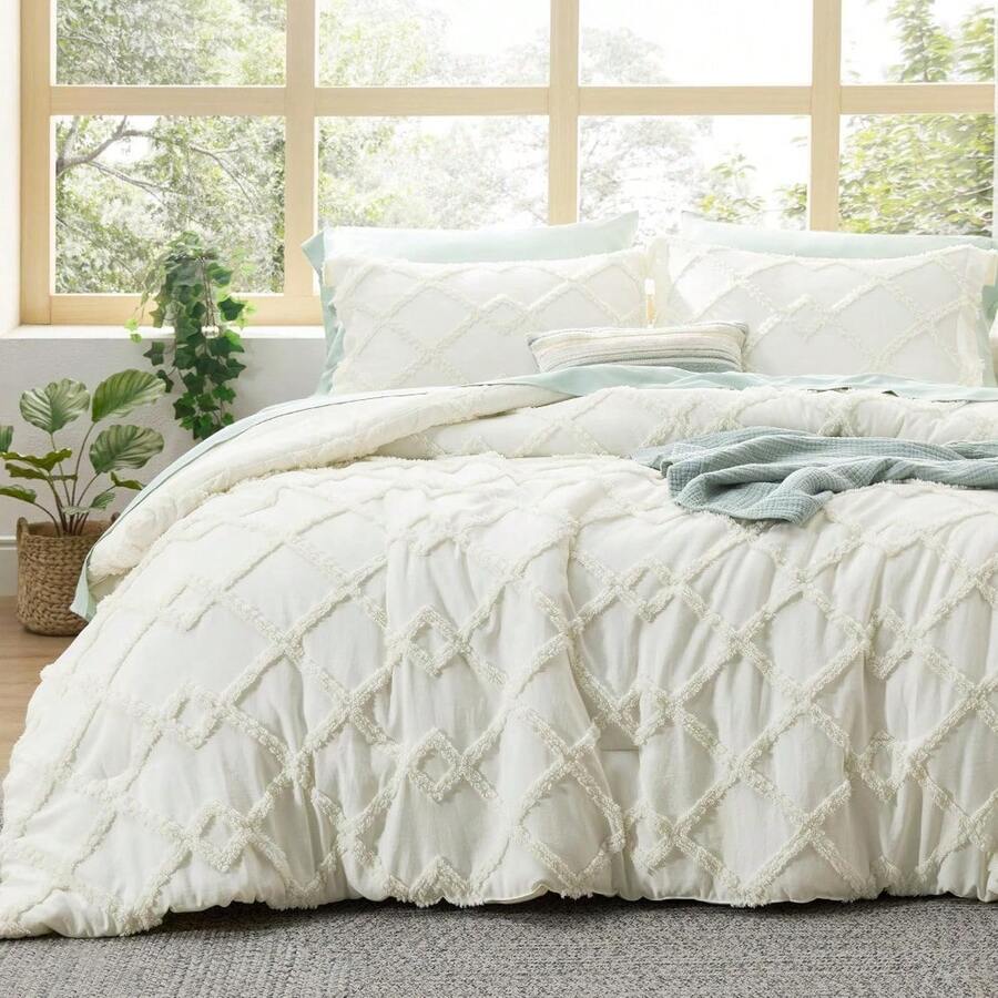 Luxurious Tufted Boho Comforter Set Queen Size - Premium Beige Bedding Ensemble With 3-Piece Shabby Chic Embroidery, Ideal Gifts For Women, Soft Jacquard Queen Comforter For All Seasons - 03 - 象牙色 - 鑽石般 - 查看 1