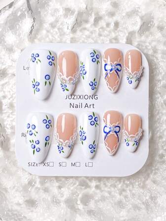 10 pezzi di unghie finte a forma di mandorla in stile francese, realizzate a mano, con perle naturali e design floreale in pizzo, delicate e alla moda per uso quotidiano, feste, semplice lusso, rimovibili
