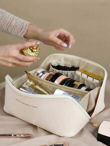 1pc PU Cosmetic Bag, Travel Storage Pouch - Large Capacity Toiletry Bag, Portable Organizer Bag, Big Storage Bag For Travel, Makeup, Organize Belongings. Foldable, Waterproof, Dustproof. Suitable For Storing Makeup Brushes, Eyeshadow, Makeup Sponges, Lipsticks, Blush, Etc. Can Be Used For Travel, Vacation, Business Trip, Home. Good Gift For Mom, Girlfriend, Sister.Travel Essentials Vacation Summer Holiday Back To School School Stuff Bag For School Travel Bag For Women Makeup Bag For Travel - Beige - View 3