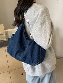 Multi -Pocket Canvas Large -Capacity College Style School Bag Shoulder Bag - Dark Wash - View 6